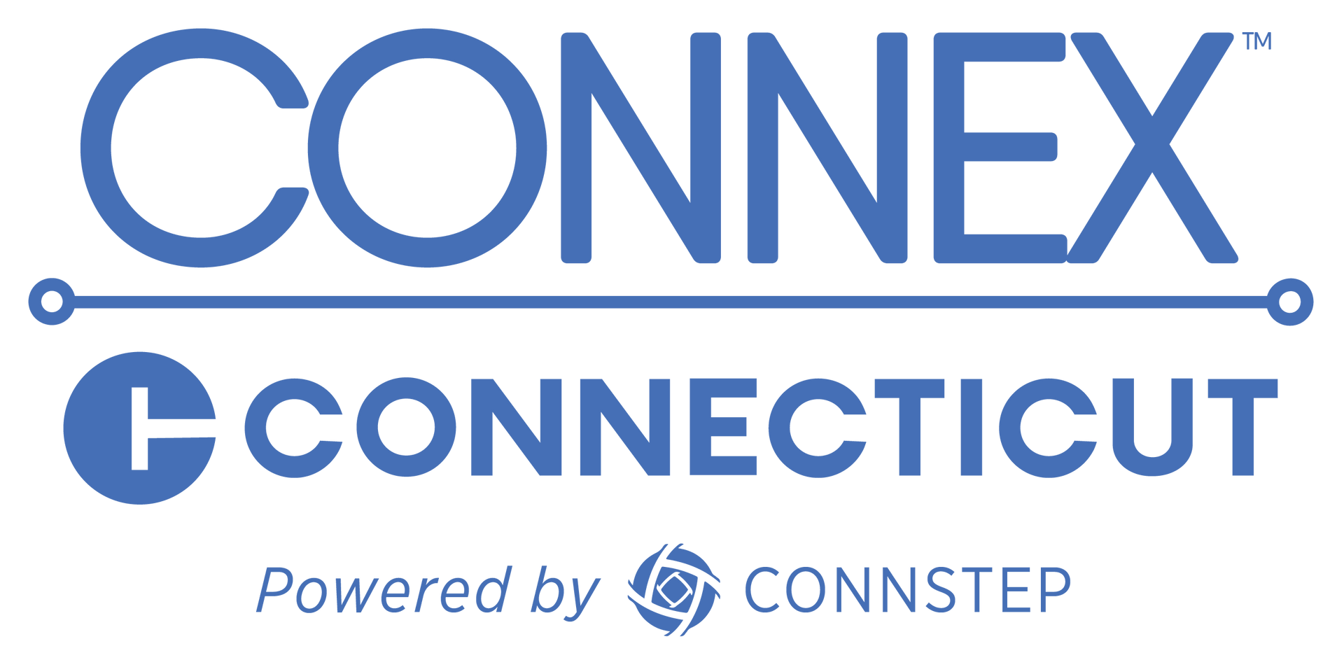 Logo for Connex Connecticut, powered by Connstep, with blue text and a stylized 