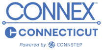 Logo for Connex Connecticut, powered by Connstep, with blue text and a stylized 