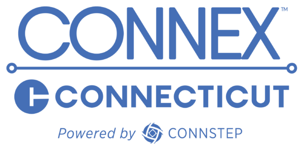 Connex Connecticut logo, blue text on white background. 