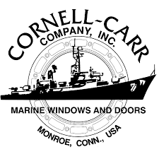 Cornell-Carr Company logo with a ship inside a circle and text: Marine Windows and Doors, Monroe, Conn., USA.