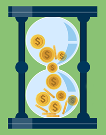 Hourglass with gold coins flowing from top to bottom, representing time and money.