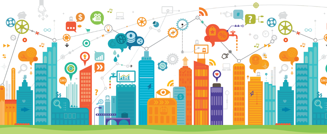 Colorful illustration of a cityscape connected by lines and icons, representing smart city technology.