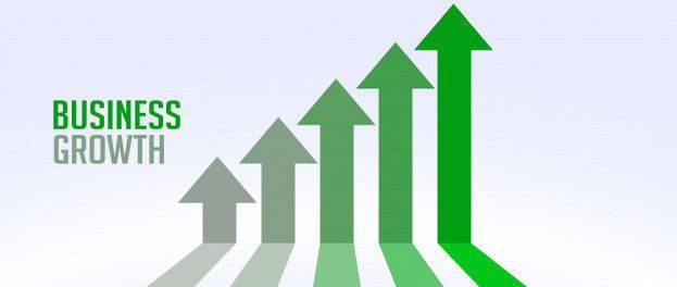Arrows ascending, illustrating business growth; green and gray on a gradient background.