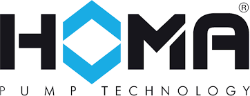 Logo of the company HOMA, black bold letters with a blue diamond shape. Text under reads “PUMP TECHNOLOGY”.