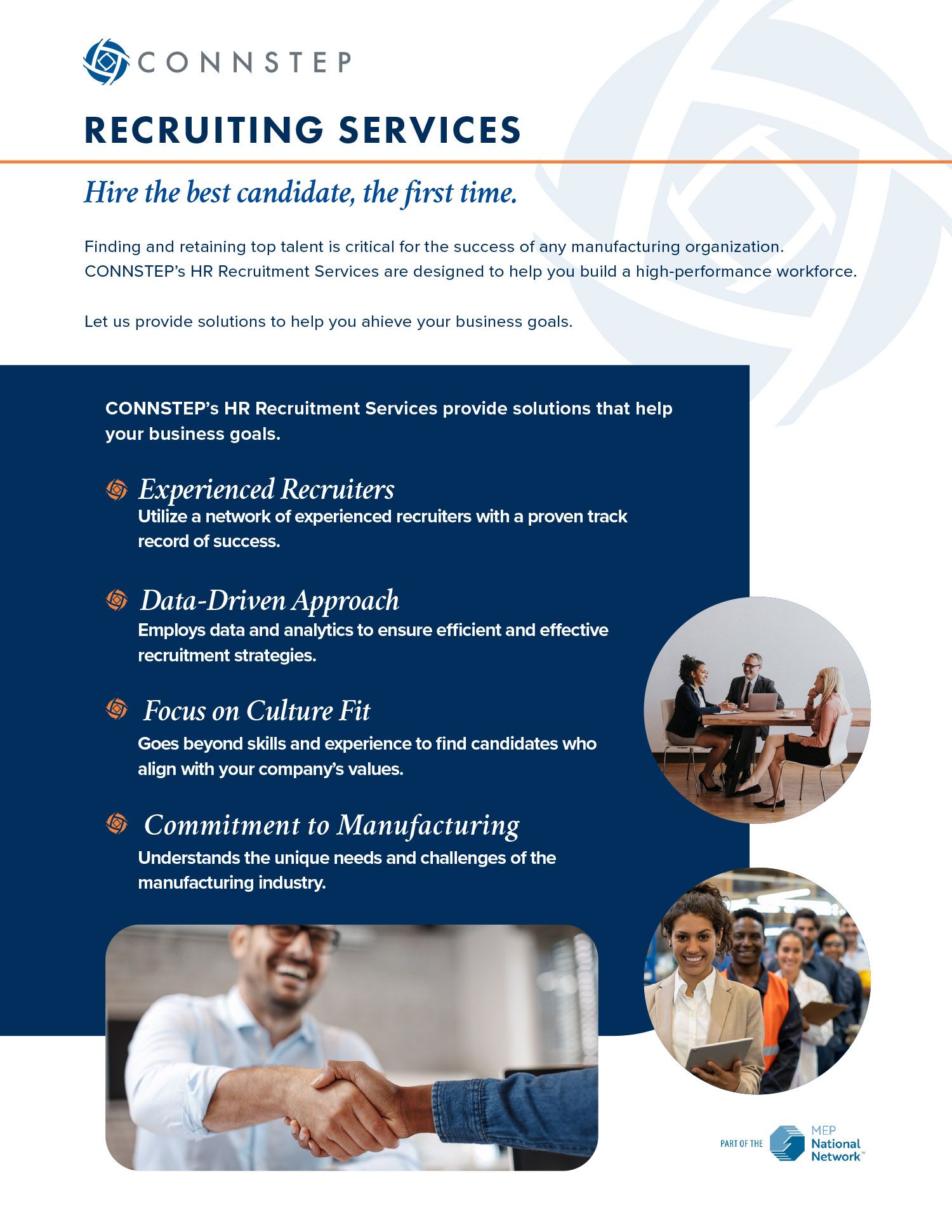 ConnStep Recruiting Services flyer with business people and handshake.