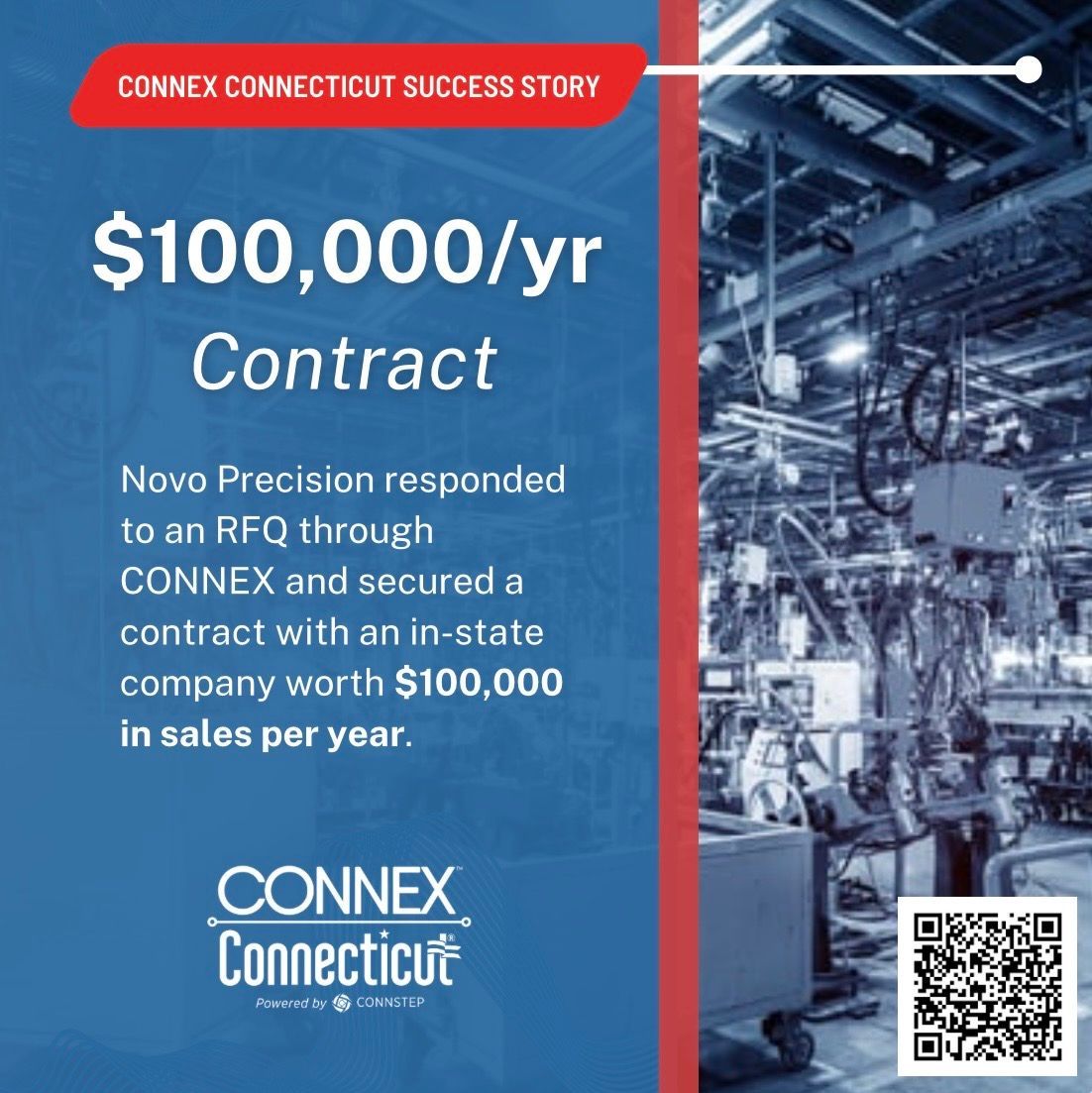 CONNEX Connecticut success story: Novo Precision secured $100,000/yr contract through CONNEX. Factory background.