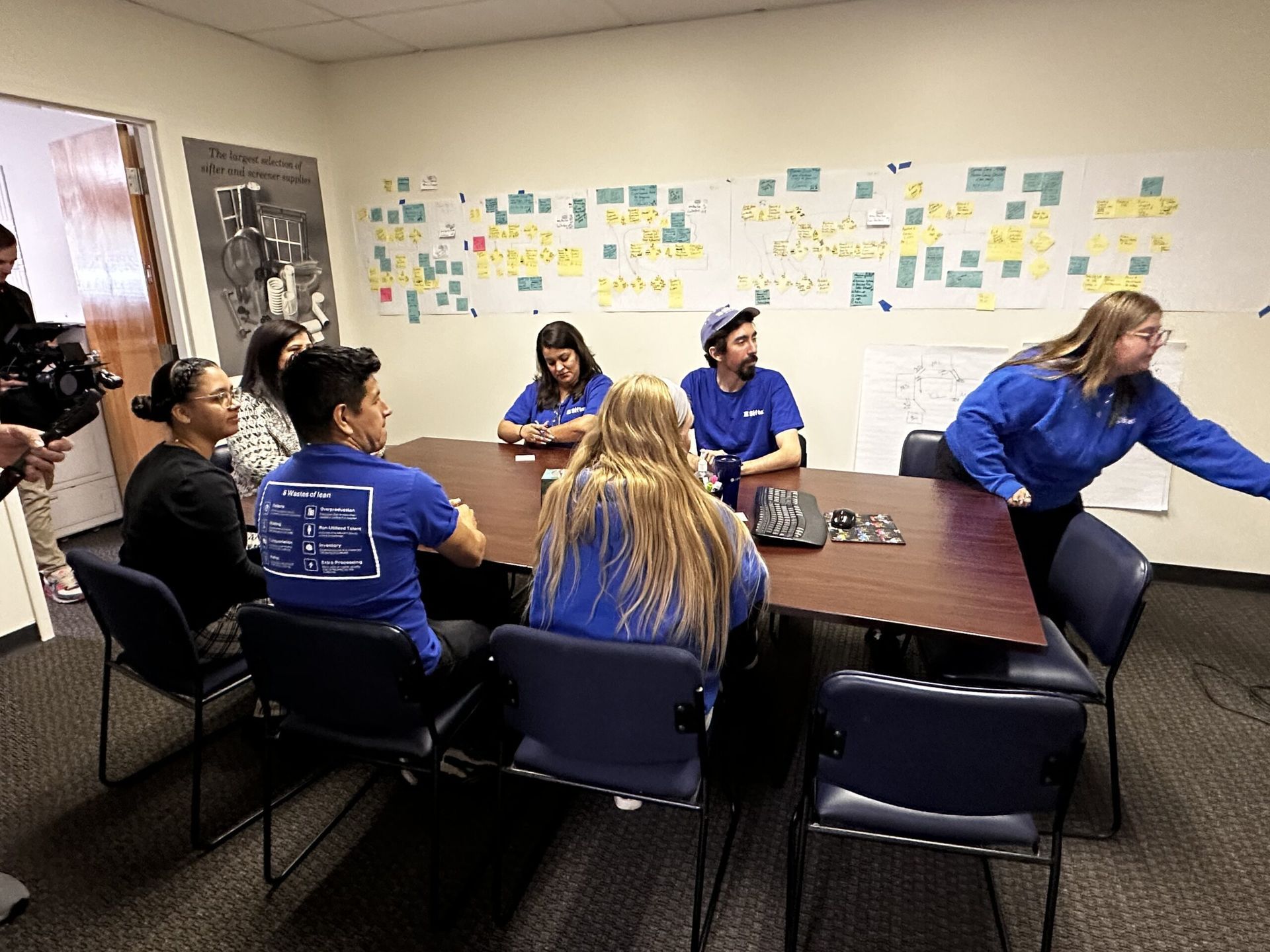 People seated at a table in a room, brainstorming. A woman points at the wall covered in sticky notes.