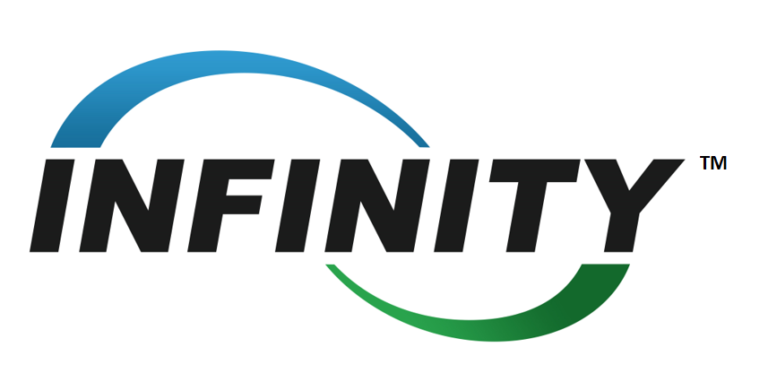 Logo for INFINITY, text in bold black with blue and green arcs.