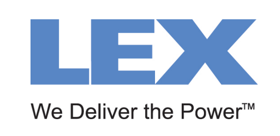 Logo of LEX, a company that delivers power, in blue, with the tagline 
