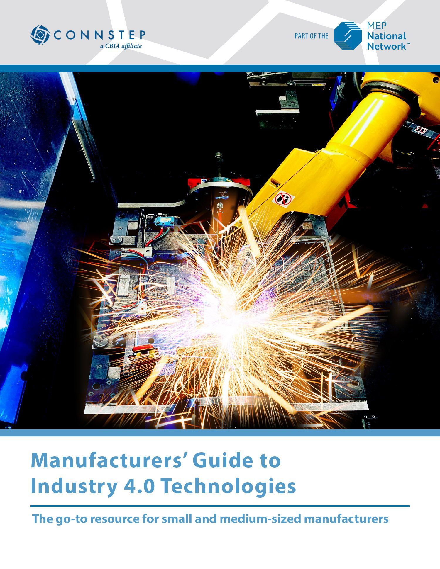 Cover of a guide about Industry 4.0 technologies, featuring a welding robot in action.