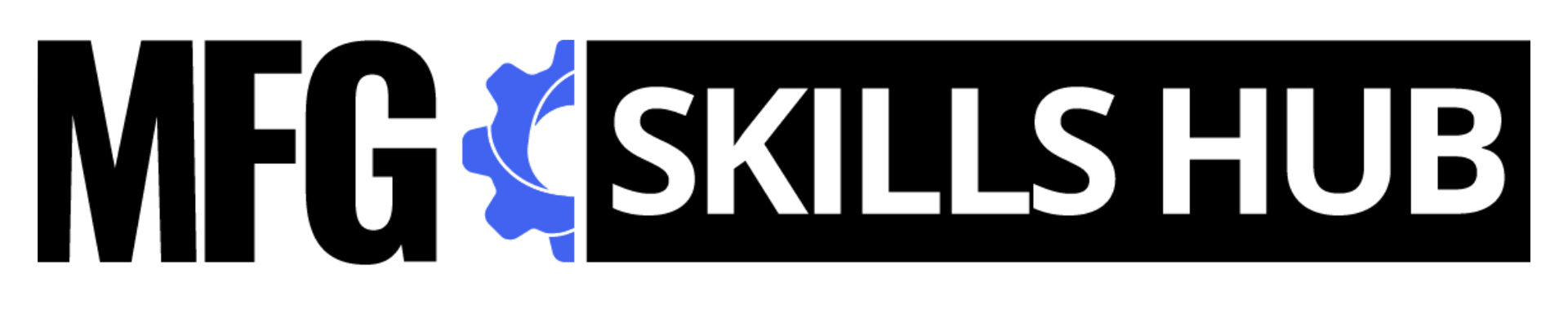 MFG Skills Hub logo. Black text and a blue gear icon with white text on a black rectangle.