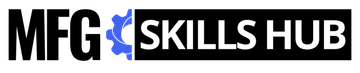 MFG Skills Hub logo. Black text and a blue gear icon with white text on a black rectangle.