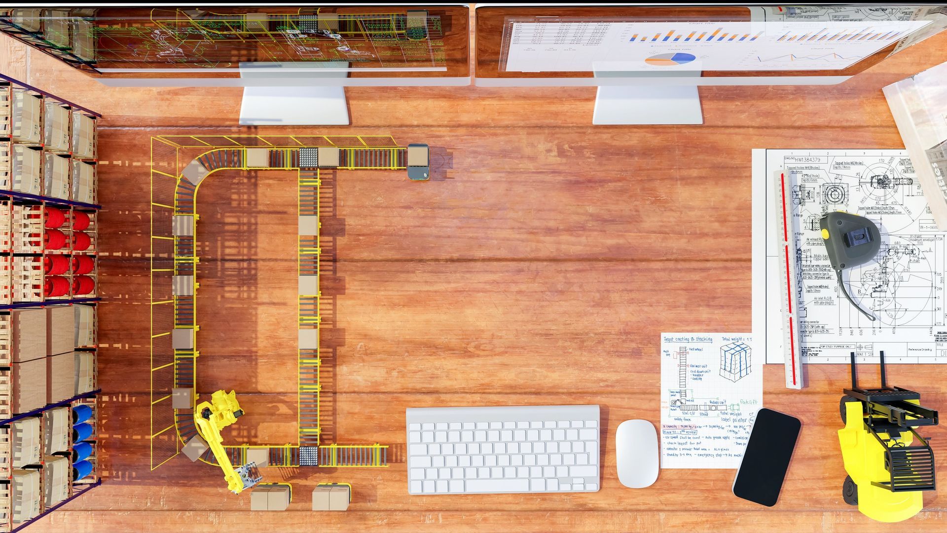 Overhead view of a workspace with a model conveyor belt, computers, and office supplies on a wooden desk.