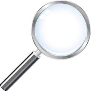 Magnifying glass with silver handle, round lens.