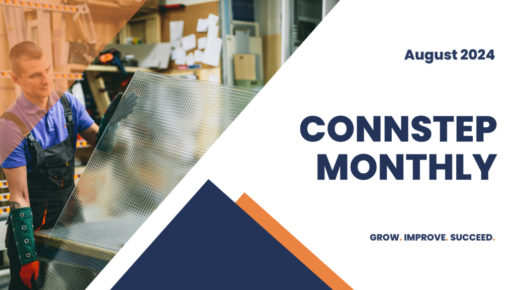 Man holding glass, Connstep Monthly title, August 2024. Blue, white, orange.