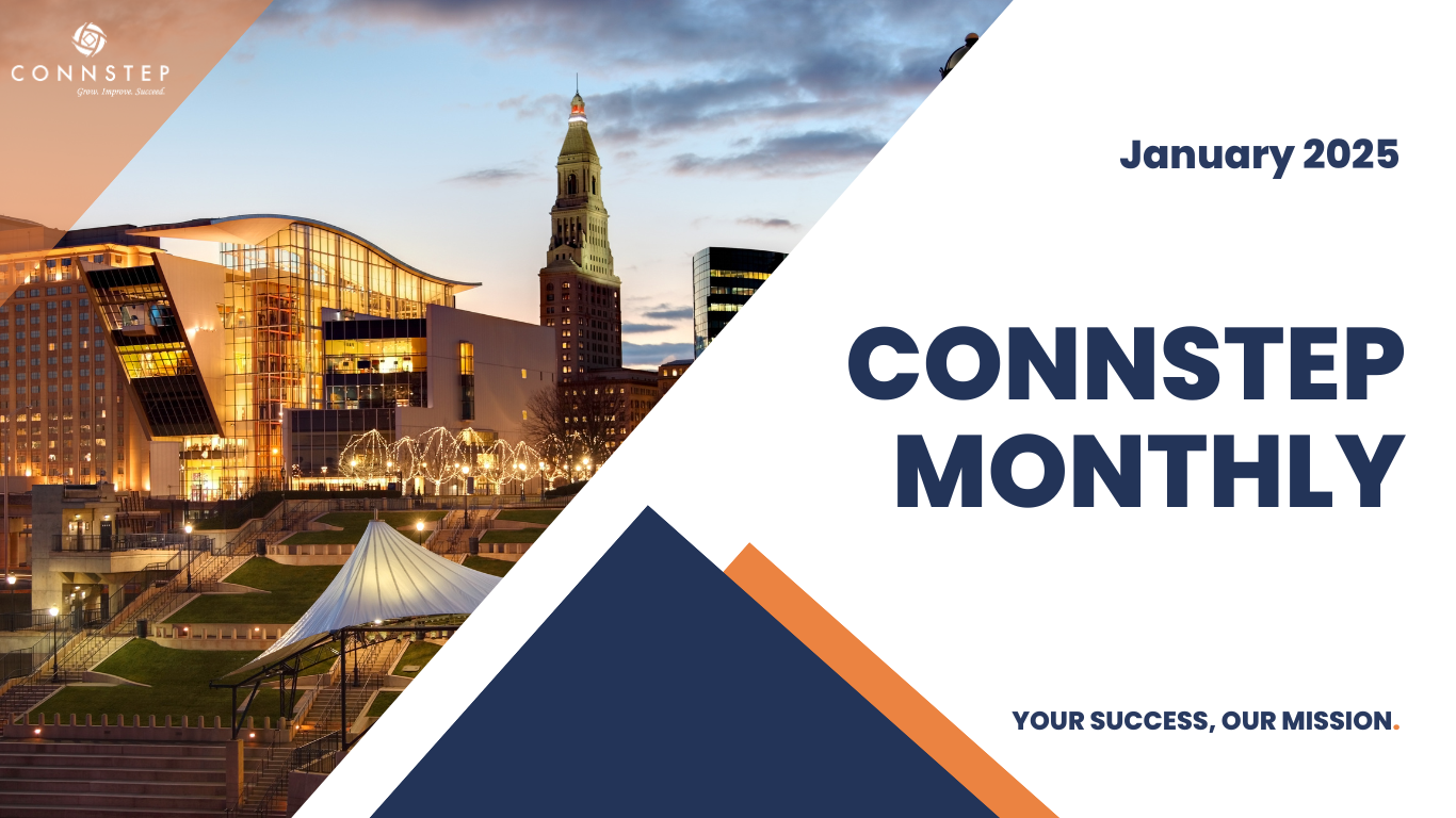 Connstep Monthly: Cityscape with text overlay, January 2025. Dark blue and orange accents.