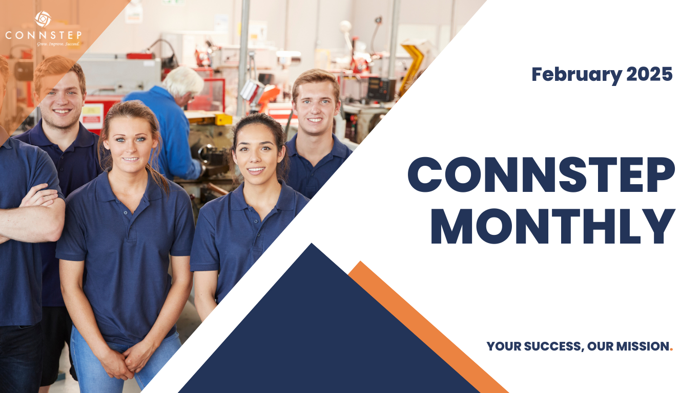 Connstep Monthly cover. Team in blue shirts in workshop. February 2025. Blue and orange geometric shapes.