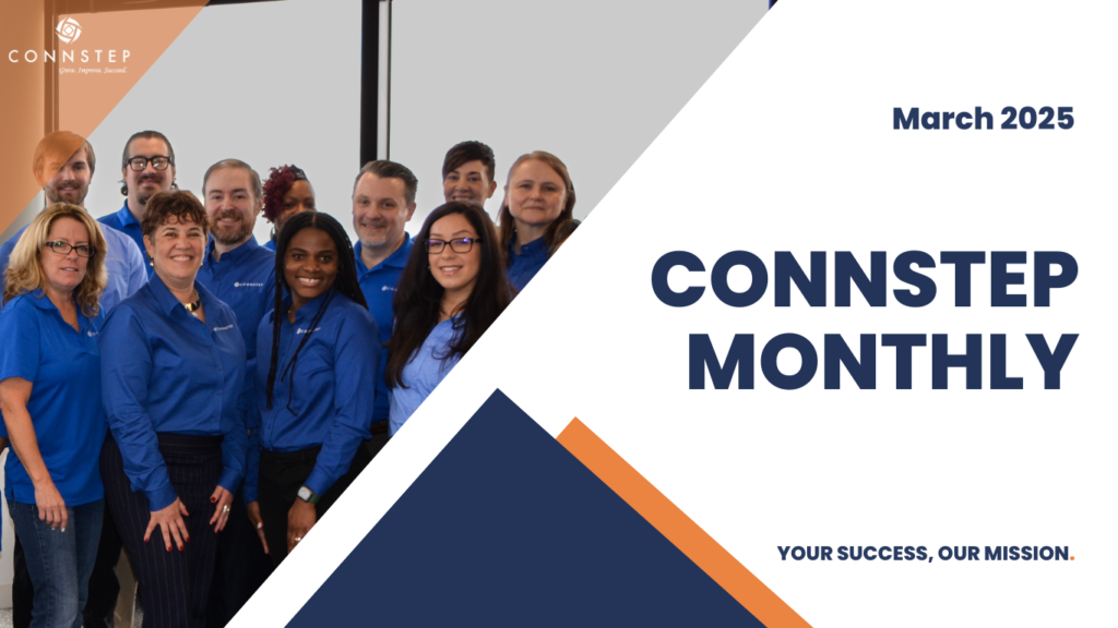 Team of people in blue shirts with a logo that says Connstep Monthly, March 2025.