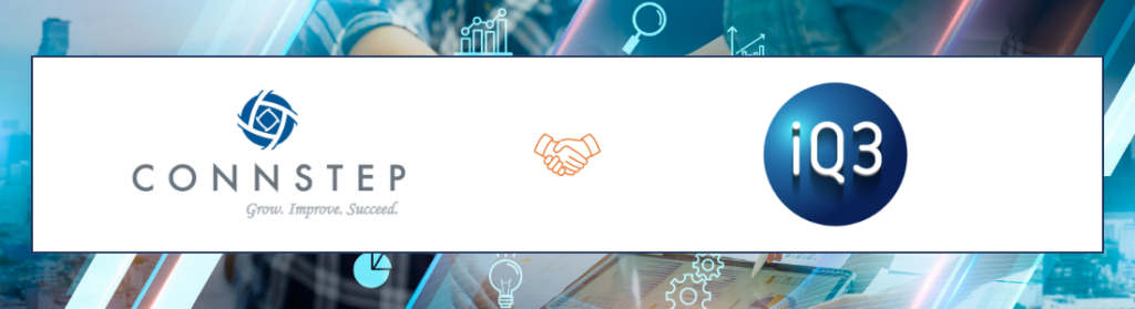 Logos for Connstep, a stylized heart, and iQ3, displayed on a banner.