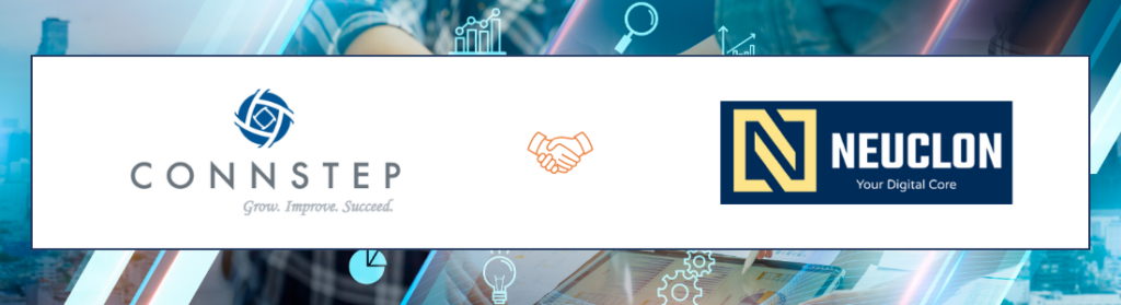 Logos for Connstep, a golden emblem, and Neuclon. The background has an abstract, technological theme.