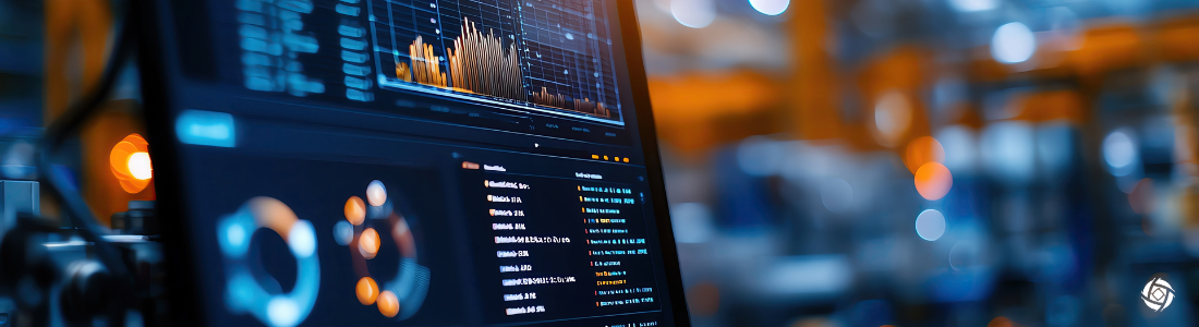 Close-up of a screen displaying data visualization, set in an industrial environment with orange and blue hues.