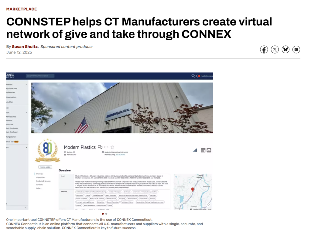Article about CONNSTEP helping CT Manufacturers with virtual network. Screenshot of a CONNEX profile page.