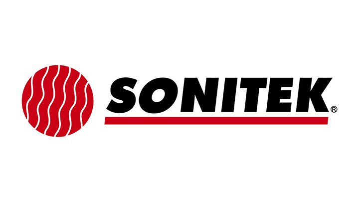 Sonitek logo: Red orb with wavy lines, black text, red underline.