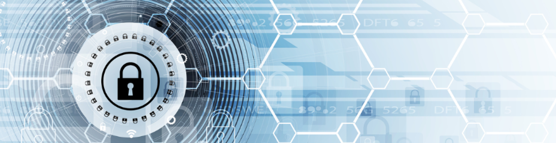 White background with a padlock symbol representing security in a tech grid.