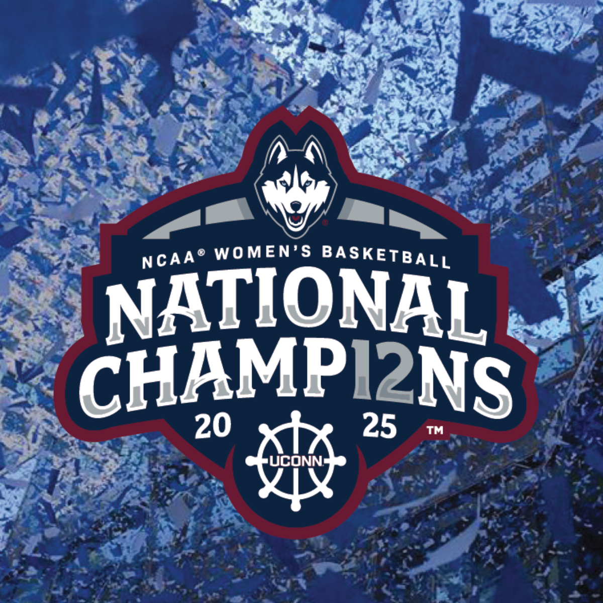 UConn women's basketball national champions logo, navy and red, confetti background.