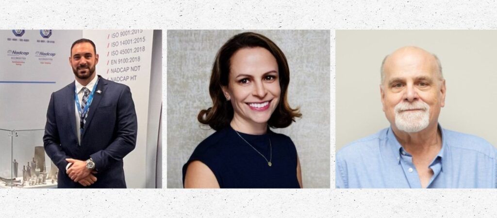 Three people in headshots against neutral backgrounds: A man in a suit, a woman in a navy dress, and a man in a blue shirt.