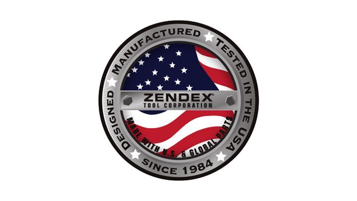 Zendex Tool Corporation logo: circular badge with US flag and text
