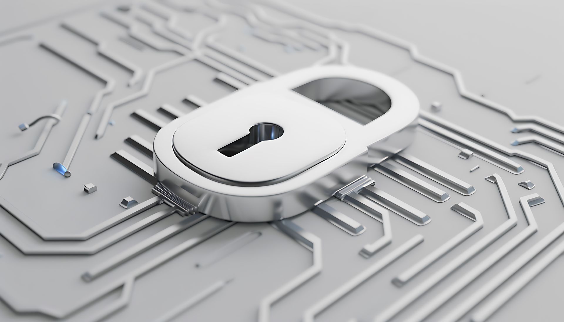 Silver padlock on a circuit board, symbolizing cybersecurity.