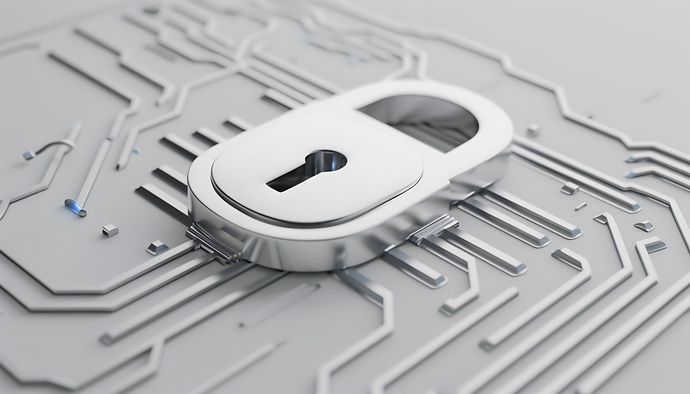 Silver padlock on a circuit board, symbolizing cybersecurity.