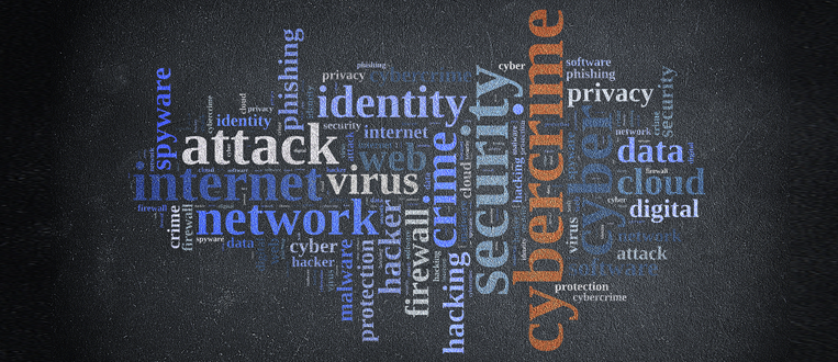 Word cloud of cyber security terms against a dark background. Key words include