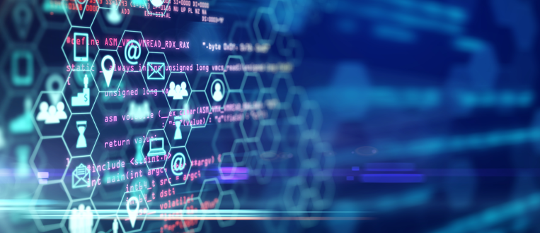 Blue abstract background with white hexagonal icons and code overlay.