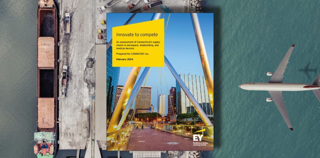 A book cover depicting a bridge and cityscape is on a dock next to a ship and airplane.