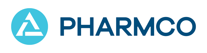 Logo of PHARMCO, a teal circle with a white triangle, followed by the word