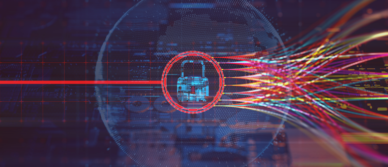 Digital security concept: Red padlock icon surrounded by data streams against a globe backdrop.