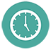 Clock icon, white clock face with turquoise background, pointing to 5:00.