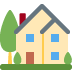 Stylized house with blue windows and yellow walls, beside green trees and a red chimney