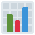 Bar chart icon with green, red, and blue bars on a light gray grid background