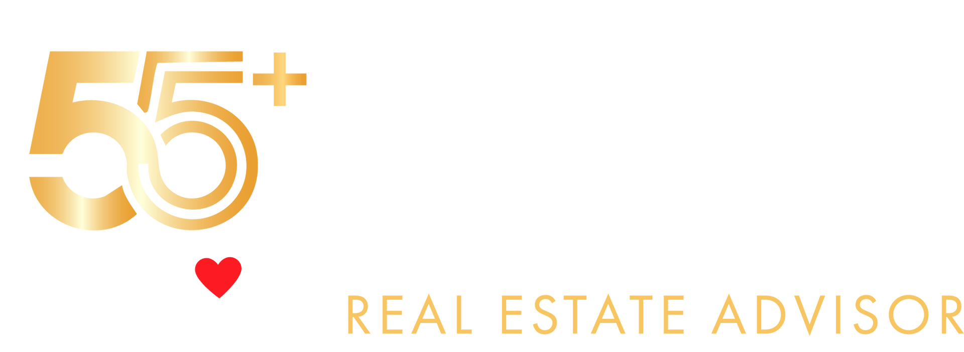 55+ real estate advisor logo with gold text and a small red heart on a white background