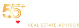 55+ real estate advisor logo with gold text and a small red heart on a white background