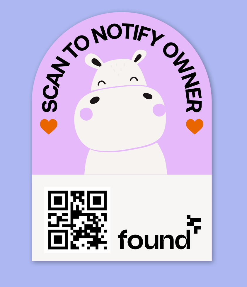 A sticker with a hippo on it that says scan to notify owner found