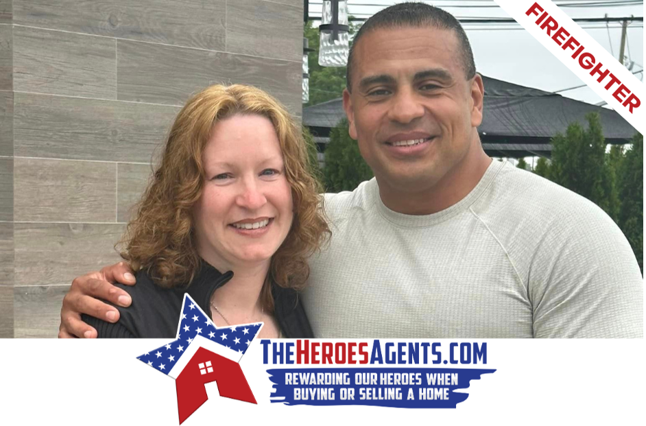 A man and a woman are posing for a picture with the heroesagents.com logo in the corner