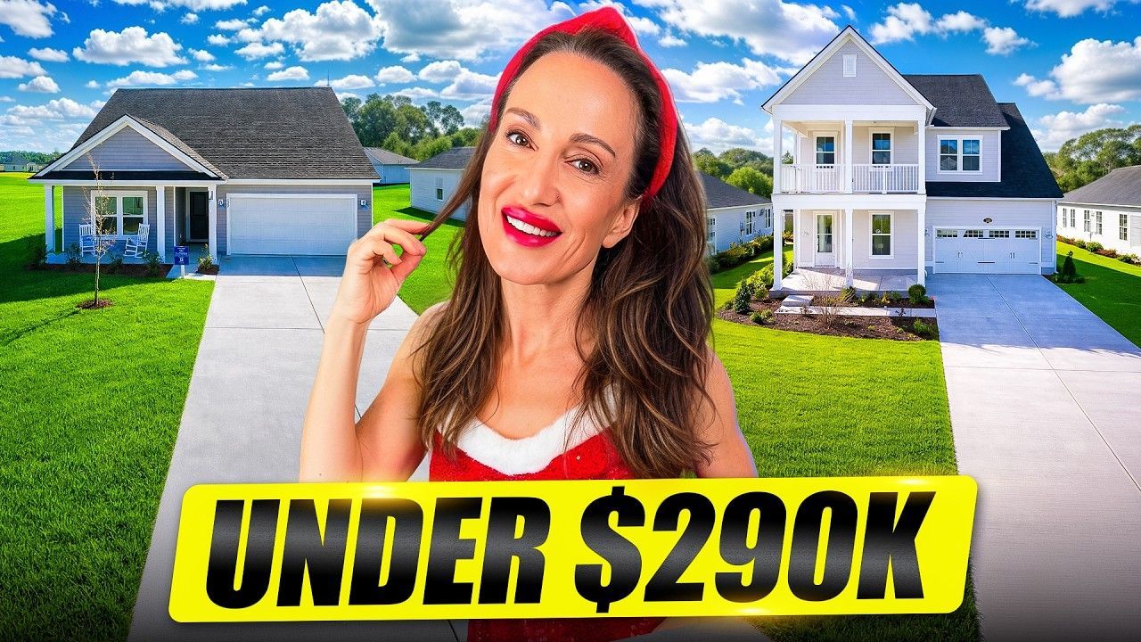 A person stands in front of two suburban homes with a bright yellow banner at the bottom that reads