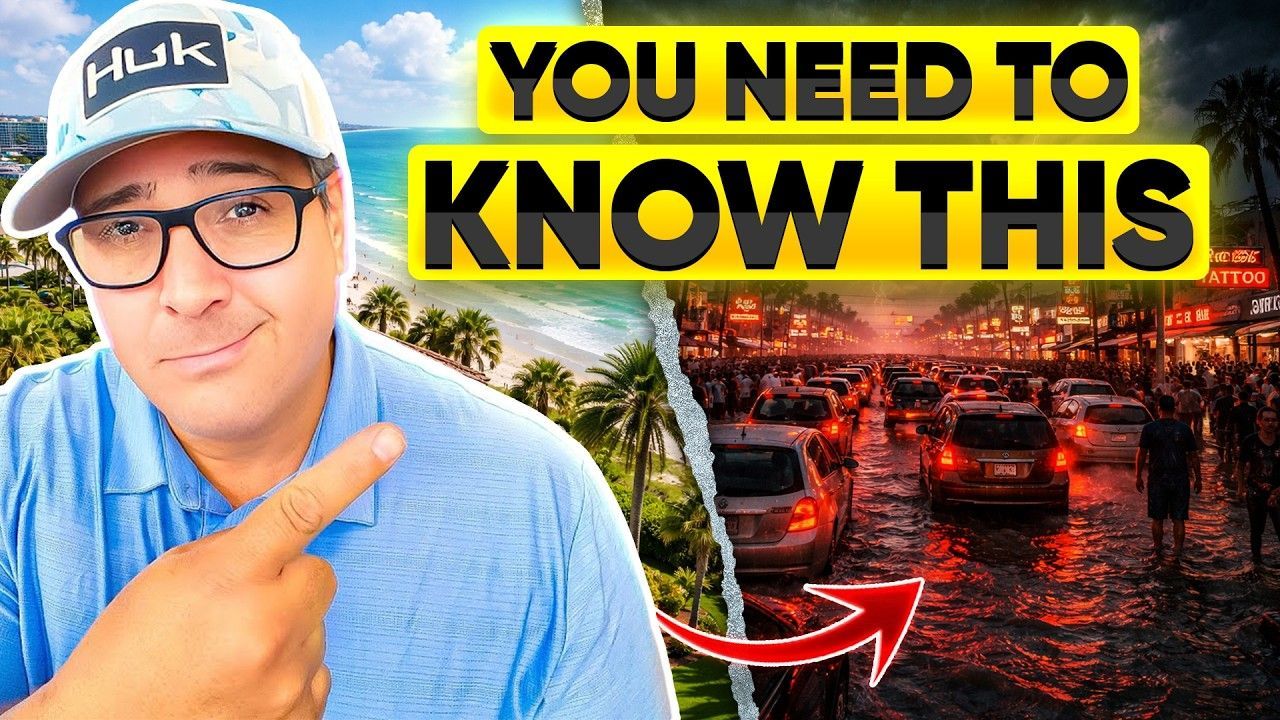 A man in a blue shirt points to a split-screen image contrasting a sunny beach with a dark, flooded city street.