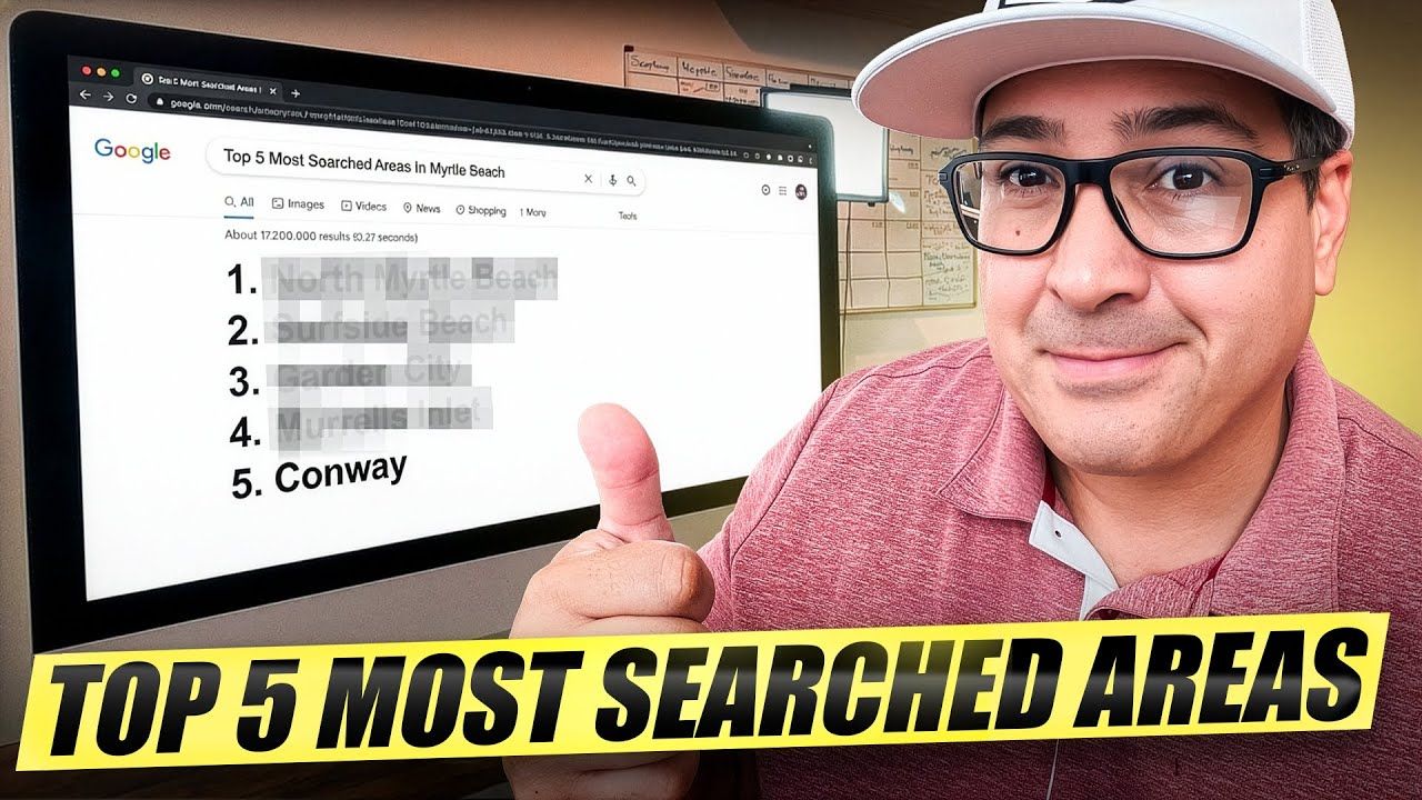 Man giving thumbs up next to a computer screen showing the top 5 most searched areas; 