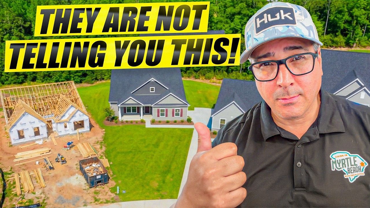 A person wearing glasses and a hat points at a suburban construction site with a new house and an unfinished frame.