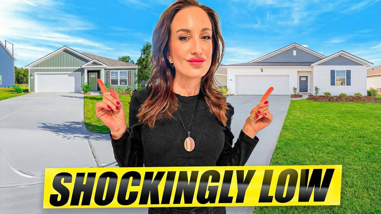 Woman pointing at two houses, text reads 